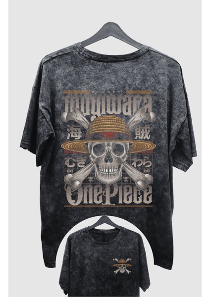 Oversize Mugiwara One Piece Sırt Baskılı Yıkamalı T-Shirt, Unisex Anime Baskılı Retro Tişört