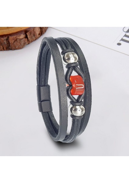 Kırmızı Akik Doğal Taş Ve Çoklu Deri Bileklik
