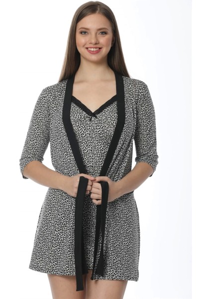 Bayan Gri Leopar Desenli Gecelik Sabahlık Takım 1107