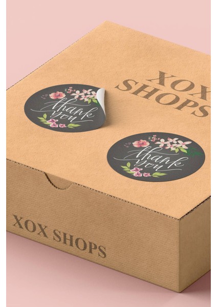 Xox Shops Kuşe Sticker Paketleme Kargo Ambalaj Teşekkürler Etiketi Gri Çiçek Desenli - 90 Adet - ST2035