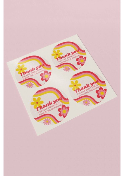 Kuşe Thank You Sticker Teşekkürler Etiket Pembe Çiçekli Supporting Business - 90 Adet - ST2077