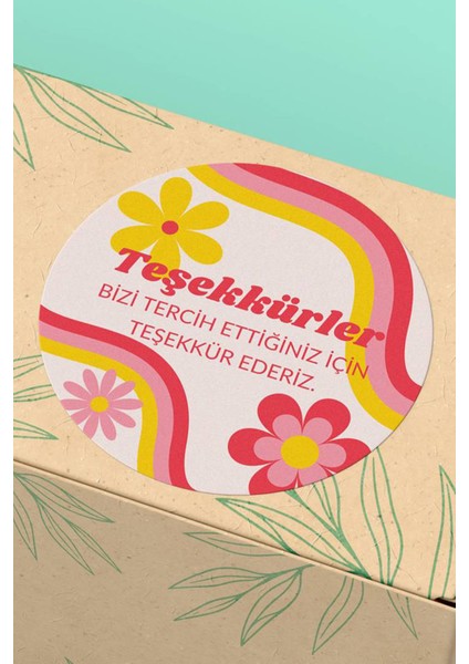 Kuşe Thank You Sticker Paketleme Teşekkürler Etiketi Pembe Çiçekli Türkçe - 90 Adet - ST2075