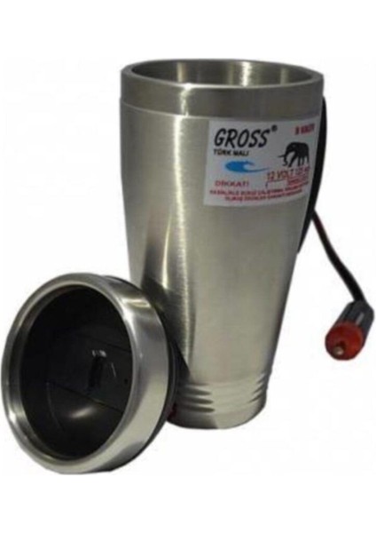 Gümüş 12 Volt Araç Termosu Ketil Su Isıtıcı Termos 500 ml Krom