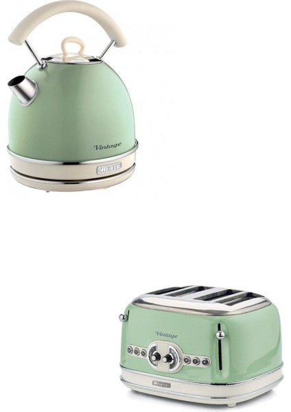 2 Yıl Vintage Kettle ve Iki Hazneli Ekmek Kızartma Makinesi Yeşil 50 Hz Bej 220 - 240 V 2000 W ve A