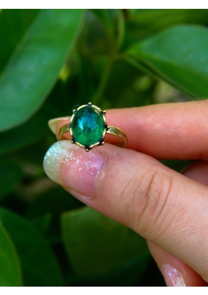 Doğal Taş Yeşil Akik Doğal Taşlı Antik Modelli Ayarlanabilir Kadın Yüzük EUY38YA modelleri