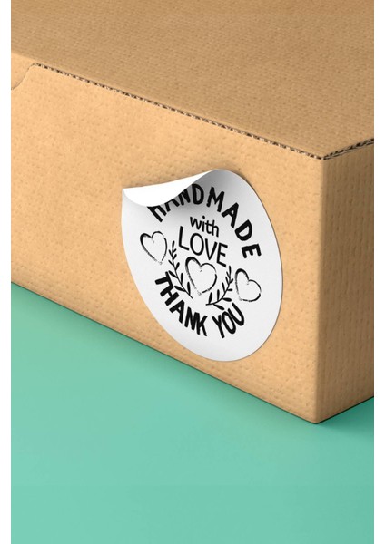 Kuşe Sticker Paketleme Kargo Ürün Teşekkürler Etiketi Hand Made With Love - 90 Adet - ST2037