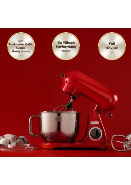 1501 - 2200 Watt Orginal Powercast Chef Döküm Stand Mikser Red Mutfak Şefi 1800W 6,2 Lt Kırmızı Pas