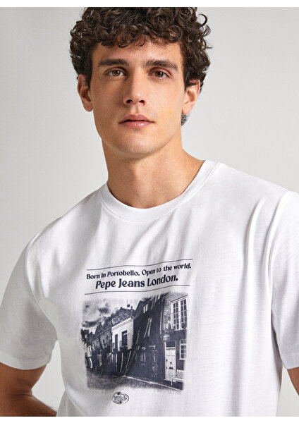 Pepe Jeans Bisiklet Yaka Baskılı Beyaz Erkek T-Shirt PM509379 800 Cooper