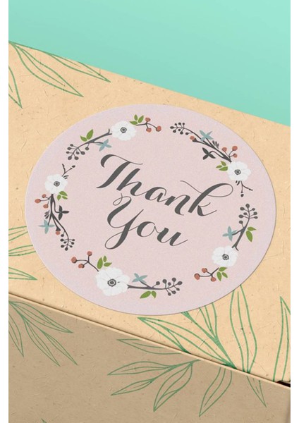 Kuşe Sticker Paketleme Ambalaj Kargo Teşekkürler Etiketi Pembe Çiçek Desen - 90 Adet - ST2042