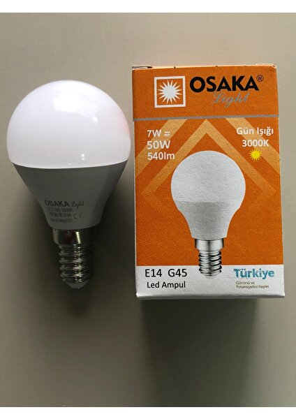 5 Adet Osaka 7W=50W=540 Lümen E 14 Top Ampül 3000K Sarı 45MMX75MM