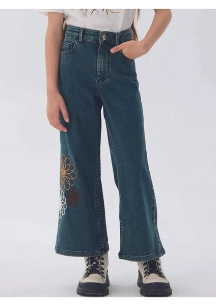 Kız Çocuk Çiçek Desenli Kot Pantolon