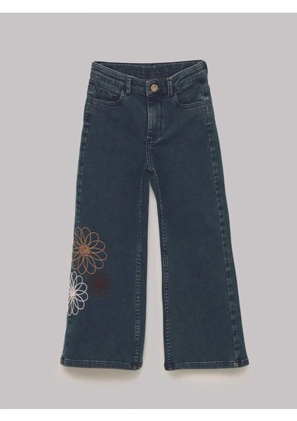 Kız Çocuk Çiçek Desenli Kot Pantolon