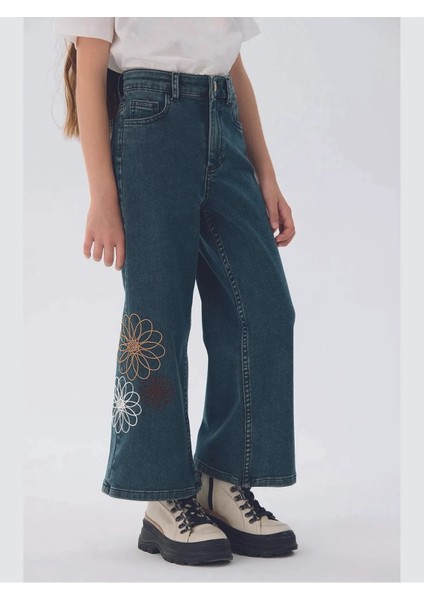 Kız Çocuk Çiçek Desenli Kot Pantolon