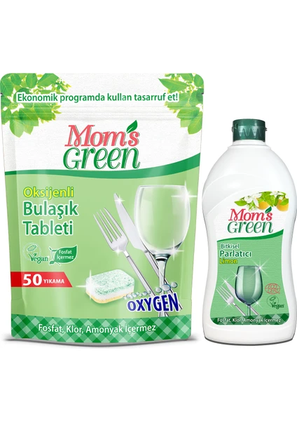 Mom's Green 2'li Set - 50'li Oksijenli Ekolojik Bulaşık Makinası Tableti ve Bitkisel Bulaşık Makinası Parlatıcı