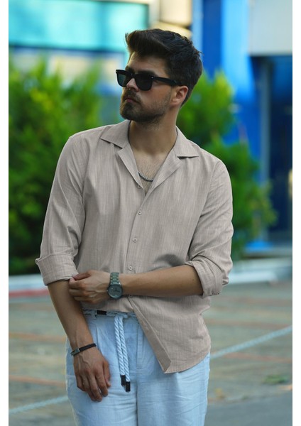 Sütlü Kahve Keten Apaj Yaka Oversize Erkek Gömlek