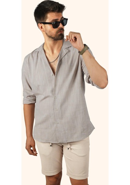 Sütlü Kahve Keten Apaj Yaka Oversize Erkek Gömlek modelleri