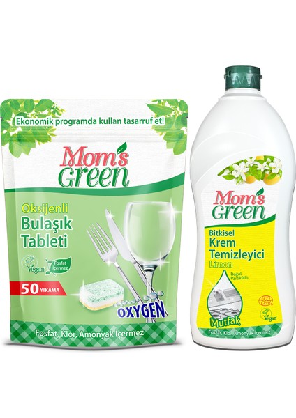 2'li Set - 50'li Oksijenli Ekolojik Bulaşık Makinesi Tableti - 750 ml Bitkisel Krem Temizleyici Mutfak - Limon