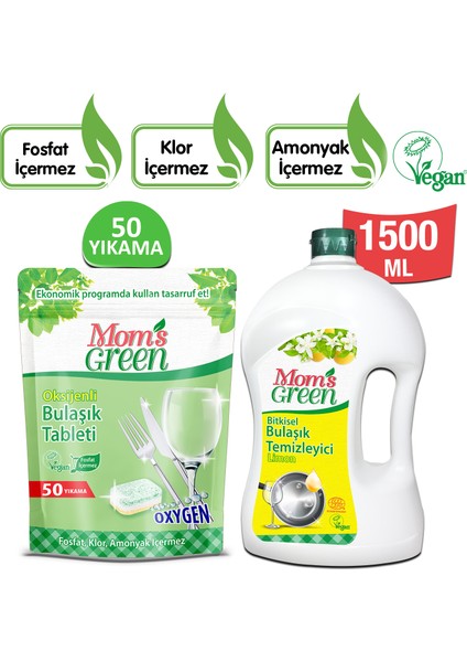 Mom's Green 2'li Set - 50'li Oksijenli Ekolojik Bulaşık Makinesi Tableti -1500 ml Bitkisel Elde Bulaşık Temizleyici Limon