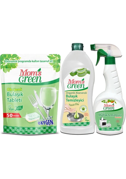 Mom's Green 3'lü Set - 50'li Oksijenli Ekolojik Bulaşık Tableti - 750 ml Aloeveralı Elde Bulaşık Temizleyici- 750 ml Mutfak Temizleyici Sprey