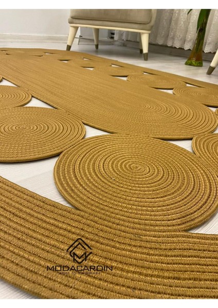 Jüt Hasır Görünümlü Desenli Modern El Örgüsü Oval Halı Kilim