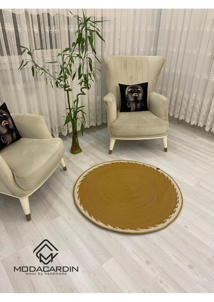 Jüt Hasır Görünümlü Desenli Modern El Örgüsü Daire Halı Kilim