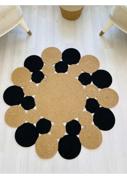 Jüt Hasır Görünümlü Desenli Modern El Örgüsü Daire Halı Kilim