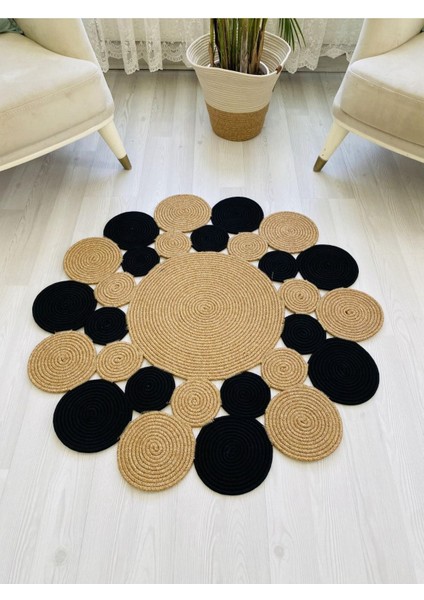 Jüt Hasır Görünümlü Desenli Modern El Örgüsü Daire Halı Kilim