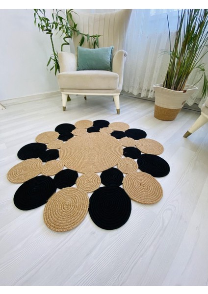 Jüt Hasır Görünümlü Desenli Modern El Örgüsü Daire Halı Kilim
