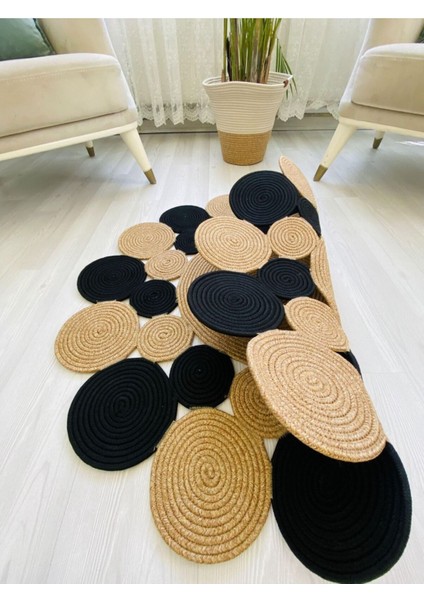Jüt Hasır Görünümlü Desenli Modern El Örgüsü Daire Halı Kilim