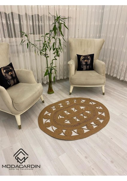 Jüt Hasır Görünümlü Desenli Modern El Örgüsü Oval Halı Kilim