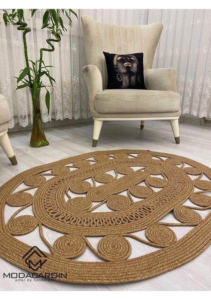 Jüt Hasır Görünümlü Desenli Modern El Örgüsü Oval Halı Kilim