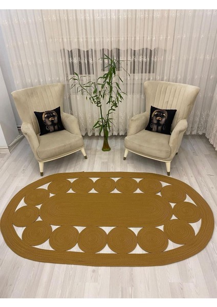 Jüt Hasır Görünümlü Desenli Modern El Örgüsü Oval Halı Kilim