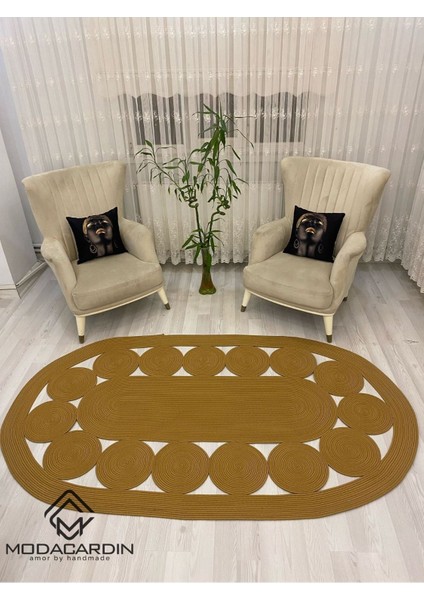 Jüt Hasır Görünümlü Desenli Modern El Örgüsü Oval Halı Kilim