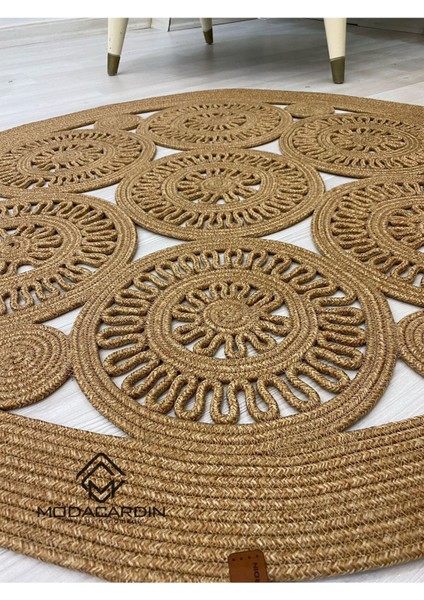Jüt Hasır Görünümlü Desenli Modern El Örgüsü Daire Halı Kilim