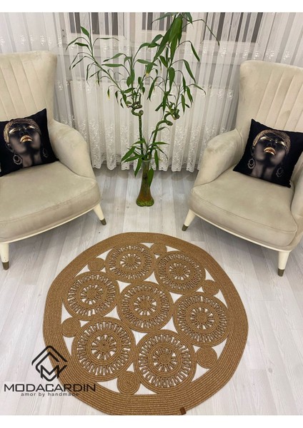 Jüt Hasır Görünümlü Desenli Modern El Örgüsü Daire Halı Kilim