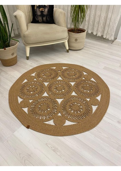Jüt Hasır Görünümlü Desenli Modern El Örgüsü Daire Halı Kilim