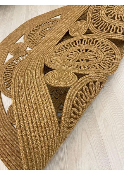 Jüt Hasır Görünümlü Desenli Modern El Örgüsü Daire Halı Kilim