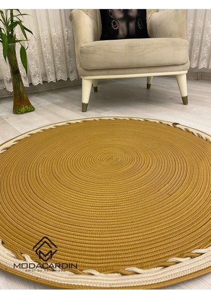 Jüt Hasır Görünümlü Desenli Modern El Örgüsü Daire Halı Kilim