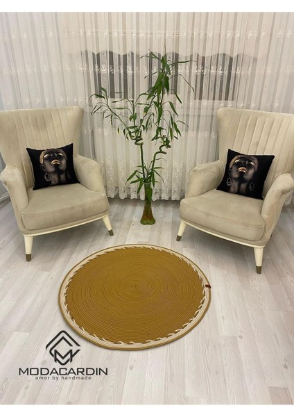 Jüt Hasır Görünümlü Desenli Modern El Örgüsü Daire Halı Kilim