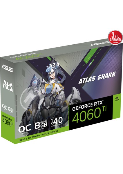 Atlas SHARK-ATS-RTX4060TI-O8G-V2-GAMING-NVIDIA-GEFORCE-RTX 4060 Tı-8g-8gb GDDR6-128BIT-2610MHZ-OC-HDMI-3XDP-DLSS3 Ekran Kartı