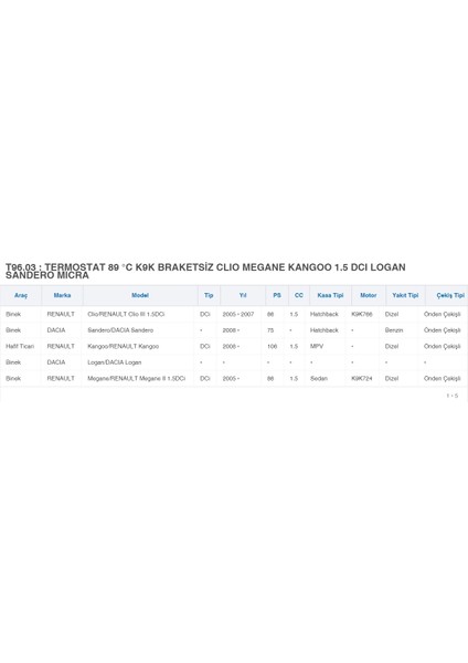 Termostat 89 °c K9K Braketsiz Clıo Megane Kangoo 1.5 Dcı Logan Sandero Mıcra