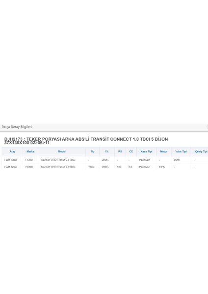 Djb Rulman Teker Poryası Arka Abs'li Transit Connect 1.8 Tdcı 5 Bijon 37X136X100 02>06>11 (Görsel Temsilidir)