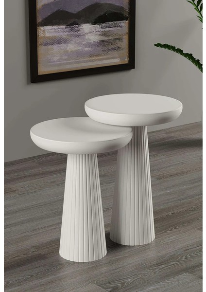 Wood Wooden Ahşap 2’Li Set Fitilli Mantar Beyaz Yan Sehpa Modern Fiskos / Çiçeklik / Zigon fiyatları