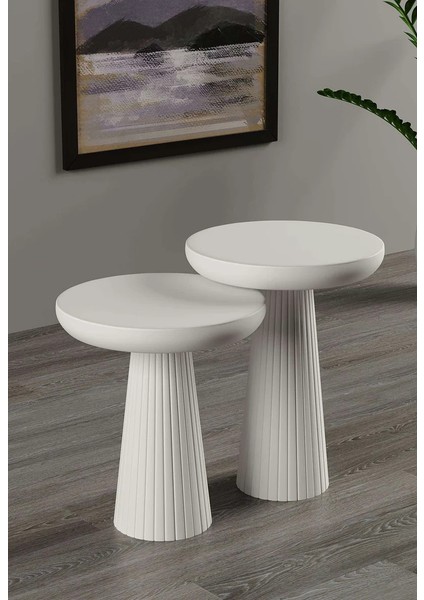 Wood Wooden Ahşap 2’Li Set Fitilli Mantar Beyaz Yan Sehpa Modern Fiskos / Çiçeklik / Zigon modelleri