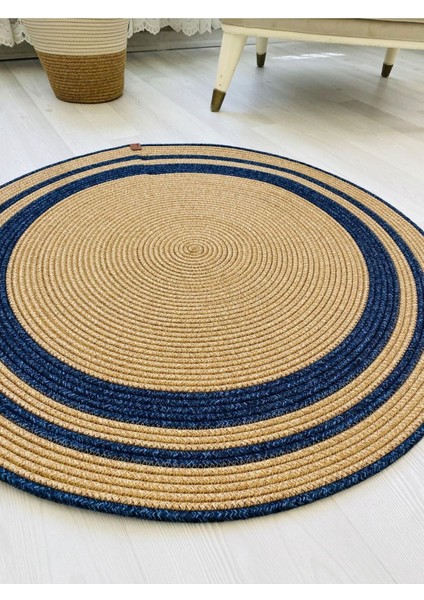 Jüt Hasır Görünümlü Desenli Modern El Örgüsü Daire Halı Kilim