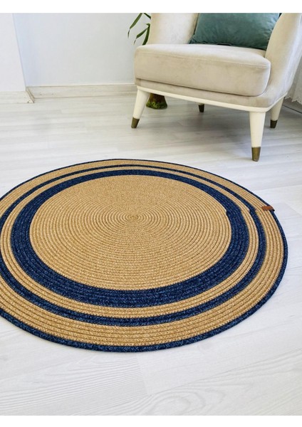 Jüt Hasır Görünümlü Desenli Modern El Örgüsü Daire Halı Kilim