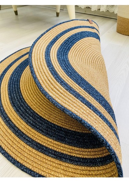 Jüt Hasır Görünümlü Desenli Modern El Örgüsü Daire Halı Kilim