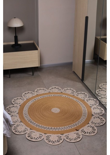 Jüt Hasır Görünümlü Desenli Modern El Örgüsü Daire Halı Kilim