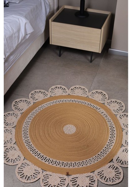 Jüt Hasır Görünümlü Desenli Modern El Örgüsü Daire Halı Kilim
