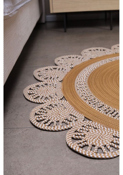Jüt Hasır Görünümlü Desenli Modern El Örgüsü Daire Halı Kilim